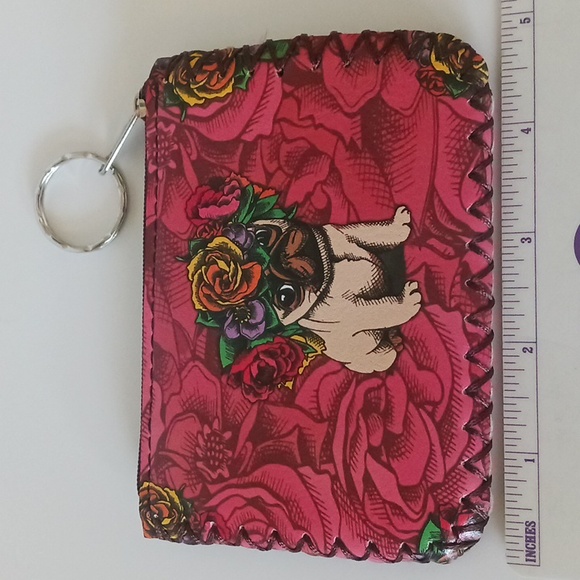 PUG w/ Flowers Printed COIN PURSE / WALLET Zipper Vegan Leather - Picture 2 of 4
